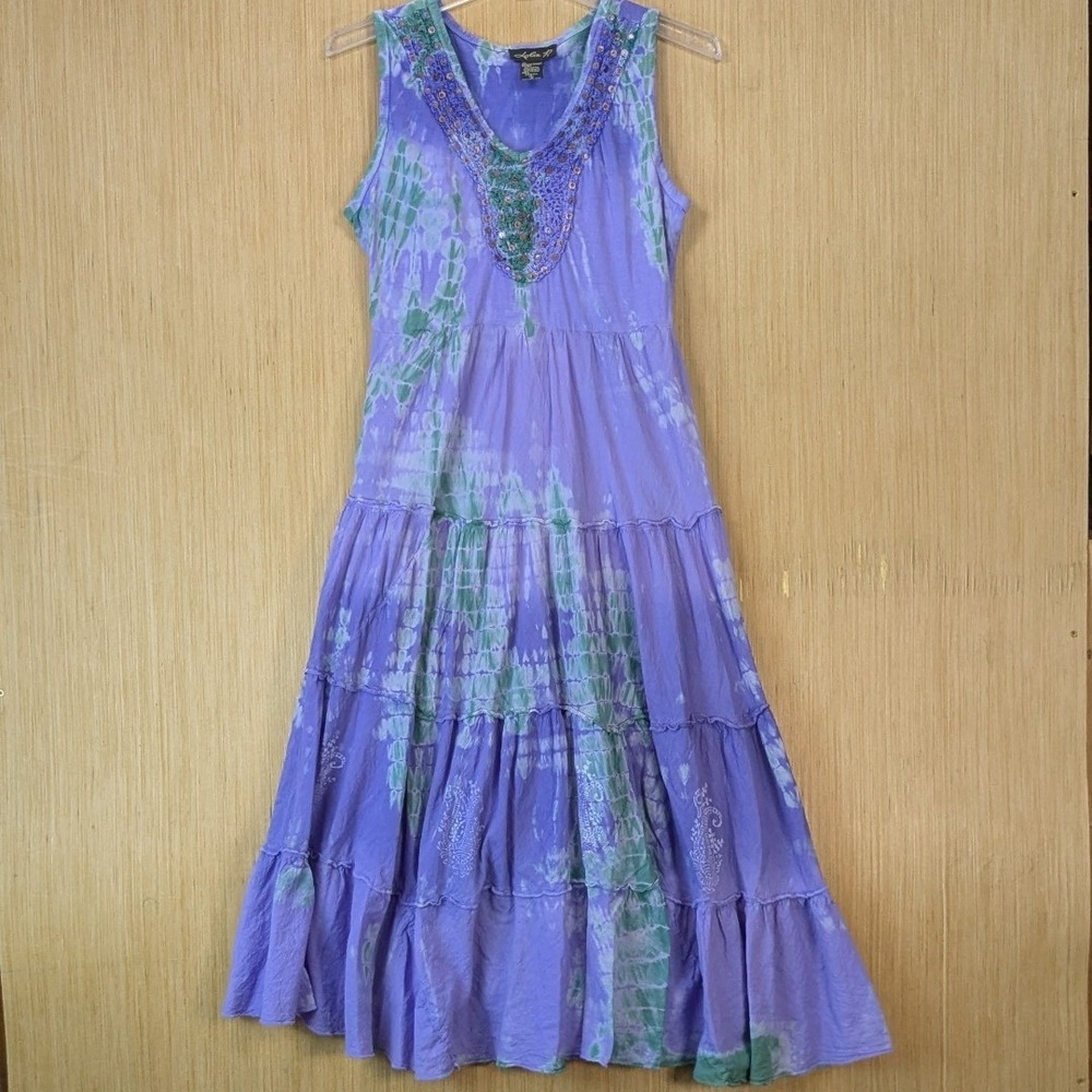 Lola P Womens Boho Hippie Tie Dye Tiered Midi Dress Size S Sequin Crochet Purple